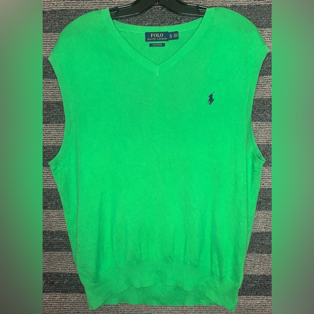 Polo Ralph Lauren V-Neck Pima Cotton Bright Green Sweater Vest Men’s XL EUC